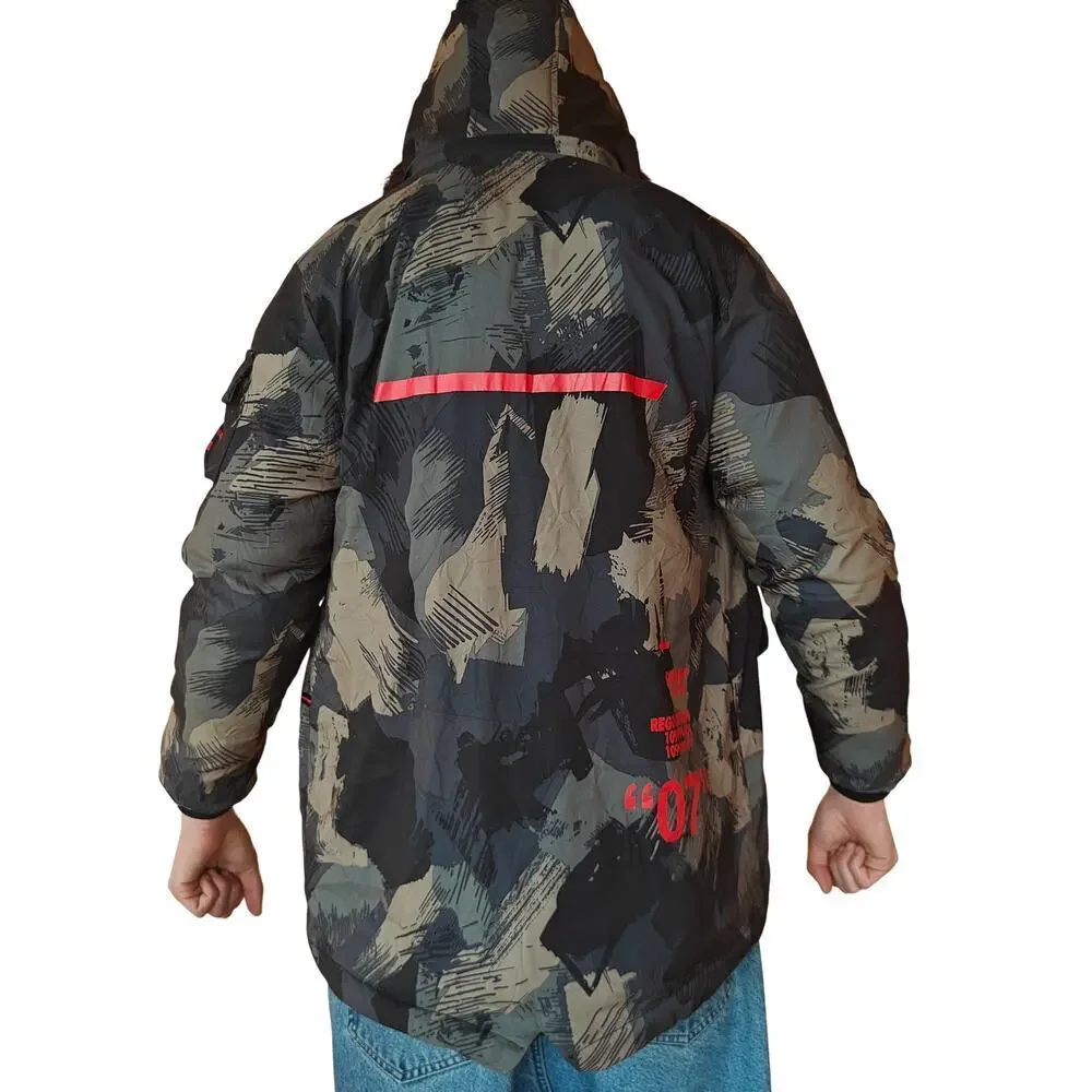 Hooded Abstract Camo Puffer Jacket Red Accents Unbranded 160 (20x28)